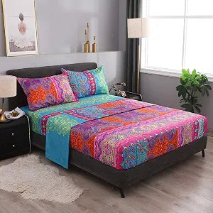 Pangzi Bohemian Retro Bedding Sheet Set,Boho -1 Fitted Sheet, 1 Flat, 2 Pillow Cases - 4 Piece (Queen, Red)
