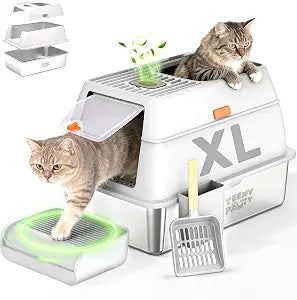 XL Stainless Steel Cat Litter Box with Enclosure and Pooper Scooper - Durable Black Metal Litter Box for Big Cats, High Sides for Anti-Leakage, Never Absorbs Odors, Non-Sticky - (60x40cm) (White)