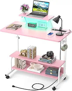 Height Adjustable Standing Desk with Power Outlets and LED Lights - 32" Manual Stand Up Desk with Monitor Stand and Storage Shelves Small Mobile Rolling Computer Desk Portable Laptop Table, Pink