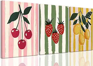 LHHJDIO 3 Piece Trendy Fruit Canvas Wall Art Vintage Kitchen Wall Art Colorful Cherry Strawberry Lemon Pictures Wall Decor Fruit Abstract Art Print for Kitchen Dining Room Bedroom 16"x24"