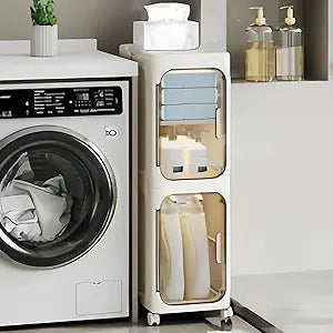 2-Tier Tall Narrow Storage Cabinet with Movable Wheels and Adjustable Shelves,Foldable Slim Plastic Organizer for Bathroom, Kitchen, Laundry, Ideal for Small Spaces