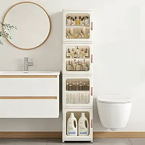 Tall Narrow Storage Cabinet with Transparent Doors and Movable Wheels,Plastic Foldable Storage Box for Small Space, Bathroom, Kitchen(4Tier,White)
