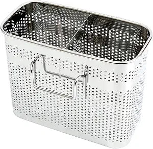 Kitchen Utensils Chopsticks Holder Drying Rack Basket with Hooks 2 Divided Compartments Quality Stainless Steel Large L5.4 X H4.3 X W2.6