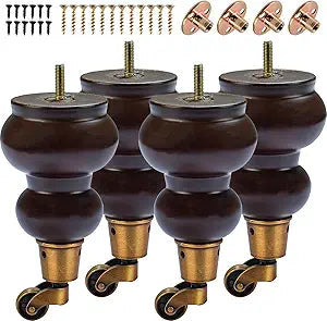 7 inch / 17cm Wooden Furniture Legs with Casters Wheels, Pack of 4 Classic Walnut Solid Wood Round DIY Replacement Bun Feet for DIY Project Sofa Couch Cabinet Ottoman Bed Riser