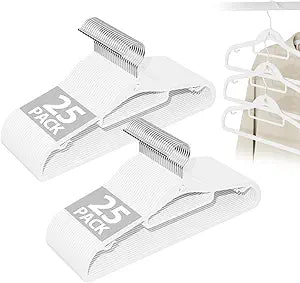 Plastic Hangers 50 Pack, Stackable Slim Space Saving Hangers with Non-Slip Pads, 360 Swivel Hook, Cascading Strip for Vertical Storage, Closet Organizer for Shirt, Suit, Skirt, Coat - White