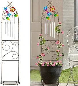 Garden Trellis with Plant Stands, 48 Metal Detachable Dragonfly Plant Pot Trellis with Wind Chimes for Climbing Plants Outdoor Lawn Patio Porches Decor