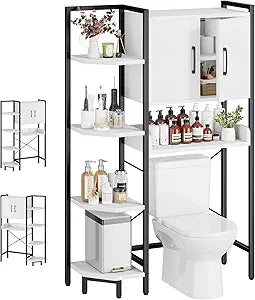 K2 Heavy Duty 7-Tier Over The Toilet Storage CabinetWith Magnetic Doors & Adjustable FeetFreestanding Above Toilet ShelfSpace Saver Bathroom Organizer 9.3"D x 31.5"W x 67.2"HBeige White