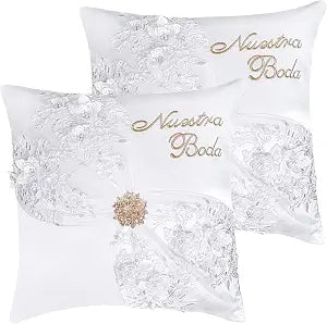 1 Pair of Wedding Kneeling Pillow Covers, 16X16 Inch Embroidered Nuestra Boda Kneeling Pillow, Satin and Lace Pearl Upscale Wedding Kneeling Pillow (Gold)