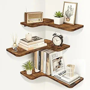 Homode Corner Floating Shelves, Corner Shelves Wall Mounted with Cord Hole, Set of 3 L Shape Wood Wall Storage Shelves for Living Room Bedroom Bathroom Kitchen, Rustic Brown