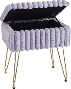 EBENCHICO Vanity Stool Chair with Storage, Faux Fur Stools for Vanity Makeup, Foot Stool Ottoman with 4 Metal Legs, Small Vanity Bench Seat Chairs for Living Room Bedroom