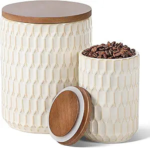Ceramic Canisters Sets for the Kitchen, Flour Sugar Storage Containers, Diamond-Patterned Design, Coffee Canister with Airtight Lid for Counter Spice and Food (White Sets of 2)