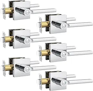 Probrico 6 Packs Polished Chrome Door Handles Interior Door knob Privacy Lever Square Keyless Lock for Bedroom or Bathroom Right & Left Side Door Lock