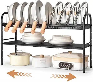 HULISEN Pots and Pans Organizer Under Cabinet, Expandable 2-Tier Pots and Pans Lid Storage Rack Holder with 10 Dividers, Adjustable Height Under Sink Organizer, Maximize Kitchen Storage Space