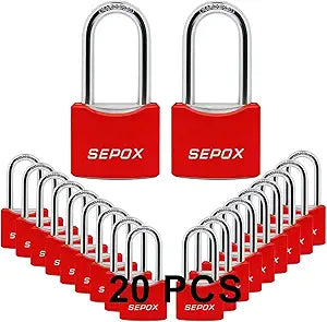 SEPOX 20Pcs All-Weather Outdoor Padlocks Key Alike, 1-5/8" Long Shackle, Solid Steel Lock, Heavy-Duty with Red Cover, Compact Design for Gate Fence Cabinet Toolbox School Gym Locker w/ 20pcs Same Key