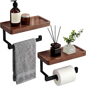 2 Pack Wall Mounted Toilet Paper Towel Holder with Wooden Shelf,Wooden Hanging Paper Towel Holder for Bathroom Kitchen Living Room Washroom