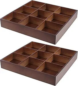 FUNSUEI 2 PCS Multi Compartment Wooden Tray, Divided Wooden Tray, Bamboo Serving Tray with 9 Sections, Wood Divided Snack Tray Storage Box for Appetizers, Jewelry, 12 x 12 x 1.85 Inch
