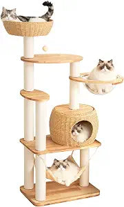 Wood Cat Tree for Large Cat, 57-Inch Tall Cat Tower with Scratching Post for Indoor Cats, Multi-Level Cat Condo with Hand-Woven Cat Bed and Hammock Acrylic Bowl Easy to Clean (DC888)