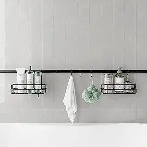 Zenna Home Bathroom Organizer Shower Caddy, Adjustable Horizontal Tension Pole Between Wall Shower Storage System with 2 Baskets and 3 Hooks, 26 to 76 Inch, Matte Black