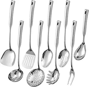 304 Stainless Steel Kitchen Cooking Utensils Set - 9 PCS Serving Utensils, Include Skimmer, Soup Ladle, Spaghetti Server, Wok Spatula, Slotted & Solid Spoon, Slotted Spatula Turner, Meat Fork (Silver
