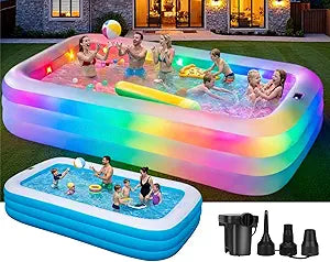 Inflatable Pool for Adults and Kids, 130"x72"x22" Full Size Inflatable Pools with Lights & Pump, Large Blow Up Pool for Family, Thickened Inflatable Swimming Pool for Outdoor Backyard