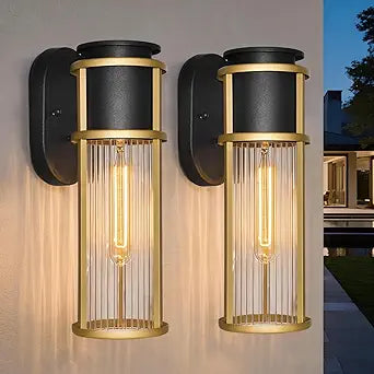 ALVIME 2 Pack Modern Gold & Black Outdoor Wall Sconces, 15 Inch Waterproof Exterior Wall Lanterns with Clear Ribbed Glass, Wall Mount Porch Lights for Front Door Garage Patio