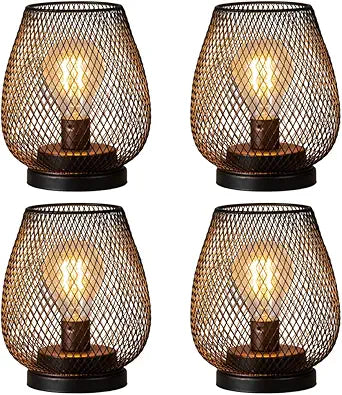 Set of 4 Battery Operated Lamp LED Table Lantern, Brown Metal Cage Cordless Lamps with LED BulbVintage Decorative Outdoor Lantern for Weddings, Parties, Patio, Events for Indoors Shelf Decor