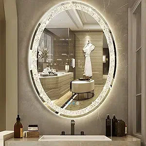 32 x 24 Inch Crystal Oval LED Vanity Mirror with Lights Diamond Oval Lighted Mirror for Bathroom Wall Mounted Smart Memory 3 Color Dimmable FrontLit AntiFog 32" Crystal Ovals Light up Mirrors