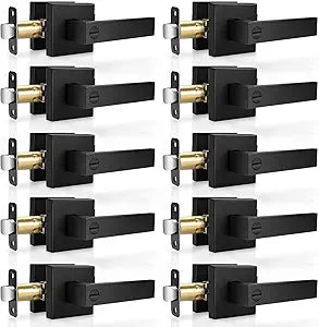10 Pack Matte Black Door Handles Privacy Door Levers, Heavy Duty Bed and Bath Door Locks Interior Door Knobs, Reversible Keyless Flat Levers with Square Rosette