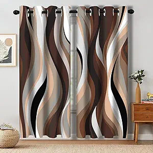 Brown Abstract Blackout Curtain, Stripe Black White Gray Aesthetic Art Window Curtains Living Room Bedroom Decor Darkening Window Drapes Treatments, 2 Panels 52x84 Inch