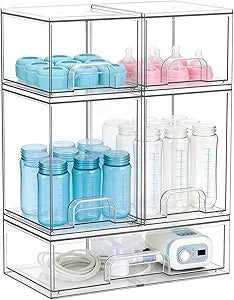 Baby Bottle Organizer, Large Capacity Stackable Acrylic Storage with Non-Slip Pads, for Baby Bottles, Pump Parts, Kitchen Countertop, Pantry, Vanity, 5-Piece