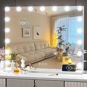 Hasipu 24" x20 Hollywood Vanity Mirror with Lights - Makeup Mirror with 17 Dimmable LED Bulbs, 10X Magnification, Touch Control, USB & Type-C Charging Port (Square White)