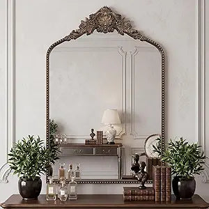 PERHOM Antique Mirrors for Wall Decor-,24"X36"Vintage Black Large Arched Mirror with Metal Frame,Ornate Beaded Mirror for Fireplace,Mantel,Bathroom, Living Room,Dining Room,Bedroom,Entryway, Hallway