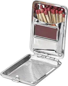 Metal Match Box Case Stainless Steel Matchboxes Matchstick Holder with Friction Plate Striker Vintage Portable Mini Storage Reusable One Button Waterproof Fire Starter for Fireplace Outdoor Camping
