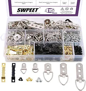 Swpeet 415Pcs Picture Hangers Kit with Screws, Heavy Duty Assorted Picture Hangers Assortment Kit for Picture Hanging Solutions with Transparent Box - 7 Models