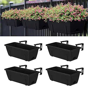 Balcony Planters Railing Hanging, Deck Railings Planter Boxes 16.9in, Railing Planter Box, Deck Planters for Railings, Railing Flower Box with Metal Brackets, Black (4Pcs)