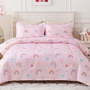 Pink Rainbow Themed Kids Twin Comforter Set for Girls 2 Pieces