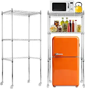 YEXEXINM 2 Tier Mini Fridge Shelf Over Fridge Storage Mini Fridge Shelf with Storage for Dorm Height Adjustable Fridge Storage Rack with Lockable Wheels for College School Office Space Dorm
