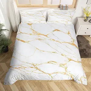 White Gold Marble Duvet Cover Queen Size,Modern Abstract Comforter Cover with 2 Pillowcase for Teens,Kids Watercolor Artwork Bedding Set,Marble Breathable 3 Pcs Decorative Bed Cover(No Comforter)