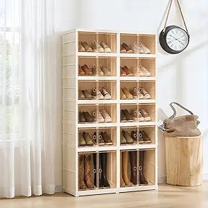 Collapsible Shoe Rack Organizer, Extra Large Shoe Boxes with Doors, Stackable Plastic Storage Cases for Closet and Entryway, Clear Folding Shoe Cabinet with Wheels (6Tiers, 24Pairs)