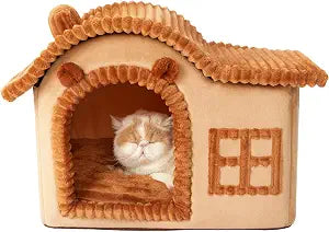 Jiupety Bear Cat Houses for Indoor Cats, Chimney Cute Cat Bed Cave, Enough Interior Space, Cartoon Soft Pet House Up to 3-15 lbs Puppy, Brown