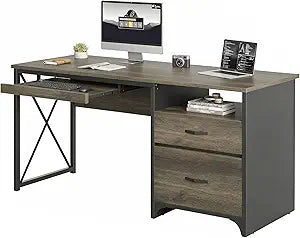 Bestier Office Desk with Drawers, 55 inch Industrial Computer Desk with Storage, Wood Teacher Desk with Keyboard Tray & File Drawer for Home Office, Dark Gray Oak