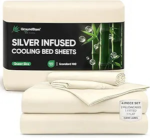 Silver Infused Bed Sheets Set, Temperature-Regulating Fabric with Self-Cleaning Technology for 3X Freshness Sleep, Genuine 100% Organic Viscose Derived from Bamboo (Offwhite, Queen)