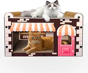 Cardboard Cat House - Cat Scratching Board, Play & Sleep Large Cat House 20.1"x11.0"x13.4", Stable and Sturdy Upper and Lower Layers, Easy to Assemble (Coffee, L)