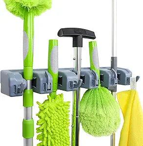 Amazon Basics Rectangular Heavy Duty Wall Mount Broom and Mop Holder, Sturdy Tool Organizer with Hooks and Slots for Garage, Garden, Laundry, Kitchen Organization, 2.36 x 16.9 x 3.35 in, Gray