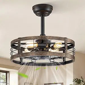LEDIARY 18 Inch Caged Ceiling Fan with Light, Fandelier Farmhouse Ceiling Fan with Remote, Small Bladeless Fan Lights Ceiling Fixtures for Kitchen, Bedroom, Outdoor-Black and Gold