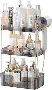 Akinbas 3 Tier Bathroom Organizer Countertop Makeup Perfume Tray Skincare Organizer Comes with Hair Dryer Rack and Toothbrush Holder for Bathroom Dresser Vanity (Grey)