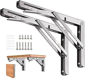 Folding Shelf Brackets 24 inch 2 Pcs Max. Load 550lb - Heavy Duty Stainless Steel DIY Wall Mounted Shelf Brackets Space Saving for Table Work Bench, Garage Workstation, Stuff Supports, Plant Stand