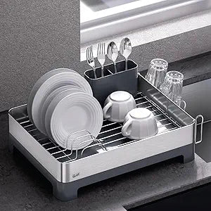 Glad Stainless Steel Dish Drying Rack - Large Space Saving Dish Drainer with Removable Cutlery Holder - Rust-Resistant Metal Rack with Adjustable Drain Spout for Kitchen Countertops, (12.6W x 17.7L)