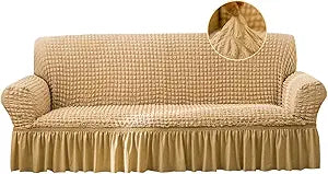 Stretch Sofa Slipcover Easy Fitted Sofa Couch Cover with Skirt, Durable Washable Universal High Elastic Furniture Protector for Kids, Pets (Large, Beige)