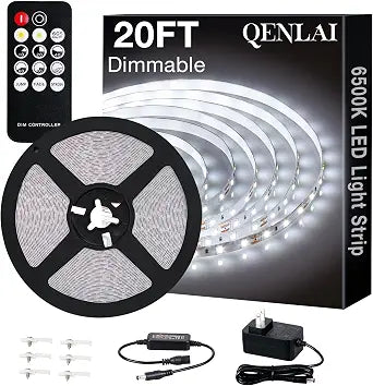 20ft White LED Strip Lights with Remote, 6500K Dimmable 12V LED Light Strip, 360 LEDs Flexible Cuttable Tape Lights for Bedroom Kitchen Cabinet Ceiling Lighting